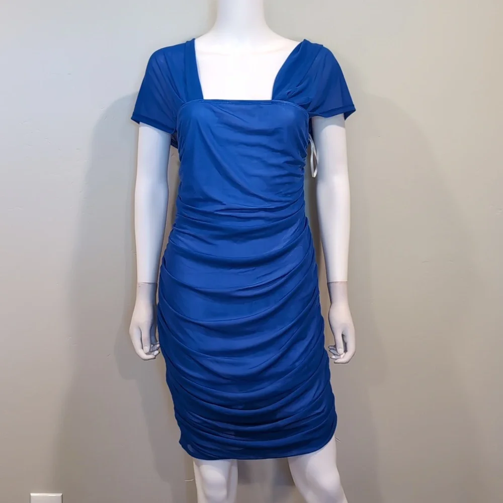 SHEIN SXY Blue Mesh Ruched Bodycon Mini Dress With Sleeves Size 1XL